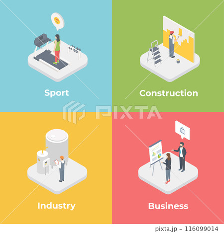 Isometric concept set. Business, sport construction, industry. Professional occupation, characters on color background. Isometric concept set. Business, sport construction, industry. Professional occupation, characters on color background. 116099014