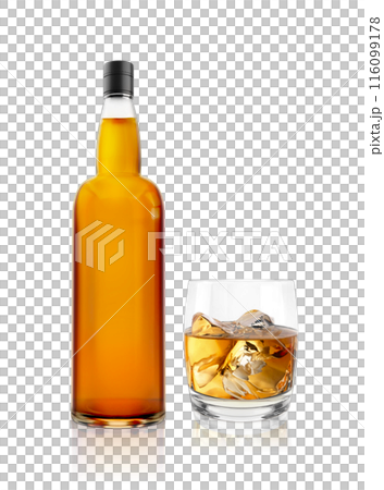 Realistic whiskey glass and bottle. Traditional alcohol drink bottles mockup. Brandy, scotch brown beverage bottles. transparent background 116099178