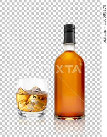 Realistic whiskey glass and bottle. Traditional alcohol drink bottles mockup. Brandy, scotch brown beverage bottles. transparent background 116099179
