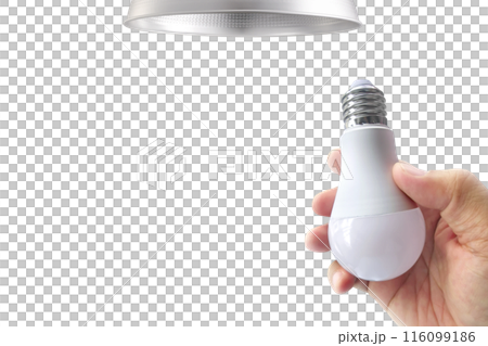 closeup hand changing an electric light bulb, transparent background closeup hand changing an electric light bulb, transparent background 116099186