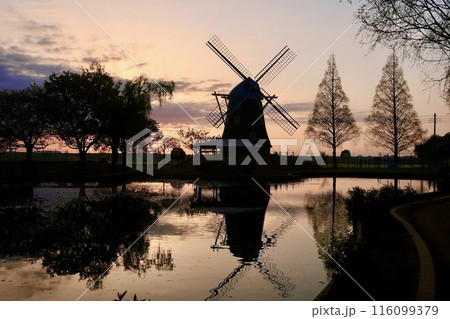 夕日に映える風車のシルエット風景 116099379