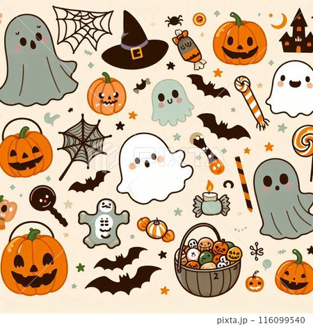 ハロウィンおばけ、かぼちゃ、コウモリの背景イラスト 116099540