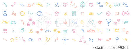 手書きの飾りイラストのベクターイラストセット。手描き、集中線、注目、星、ハート、果物、リボン 手書きの飾りイラストのベクターイラストセット。手描き、集中線、注目、星、ハート、果物、リボン 116099861