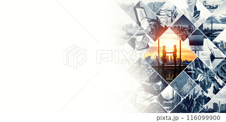 様々なビジネスシーンのコラージュ　バナー・広告向け横長ビジュアル 116099900