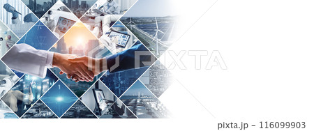 産業と科学の融合イメージコラージュ　産学官連携　バナー・広告向け横長ビジュアル 116099903