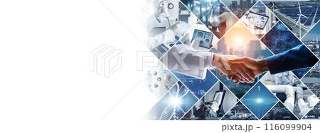 産業と科学の融合イメージコラージュ　産学官連携　バナー・広告向け横長ビジュアル 116099904