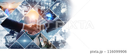 様々なビジネスシーンとテクノロジーイメージのコラージュ　バナー・広告向け横長ビジュアル 116099906