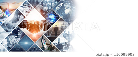 様々なビジネスシーンとテクノロジーイメージのコラージュ　バナー・広告向け横長ビジュアル 116099908