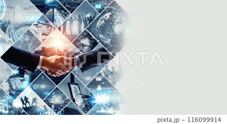 様々なビジネスシーンとテクノロジーイメージのコラージュ　バナー・広告向け横長ビジュアル 116099914