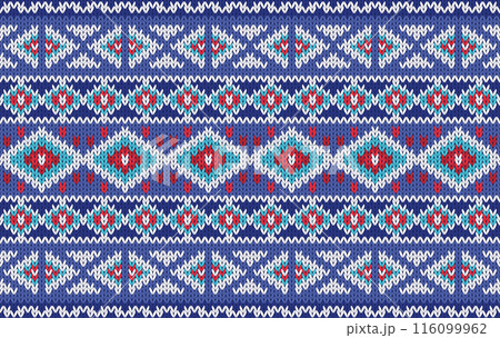 Knitted pattern seamless fabric blue color tone. traditional knitted pattern vector ethnic style. Designed for background ,wallpaper ,carpet ,clothing ,knitted pattern ,fabric ,pixel art ,textile 116099962