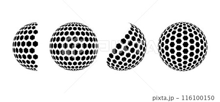Black halftone pattern sphere set. Hexagon wireframe 3d circle collection. Grid globe element bundle. Round shape pack for tech poster, banner, cover, emblem. Vector illustration 116100150