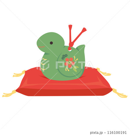 赤座布団に巳の置物（緑）のイラスト 116100191
