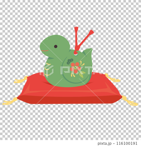 赤座布団に巳の置物（緑）のイラスト 116100191