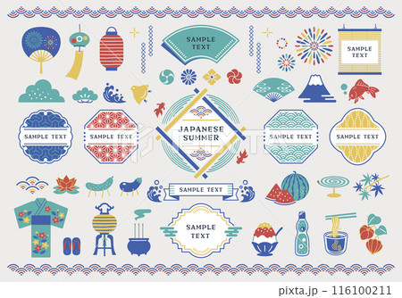 日本の夏と和風フレームのイラストセット 116100211
