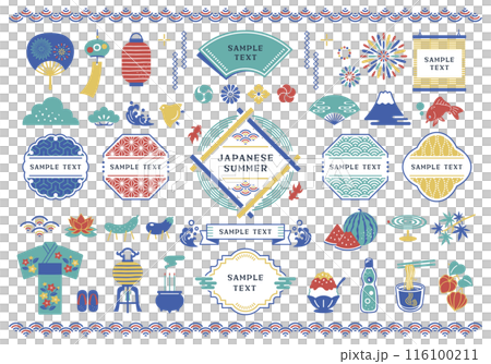 日本の夏と和風フレームのイラストセット 116100211
