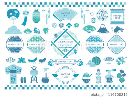 日本の夏と和風フレームのイラストセット 116100213