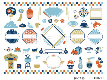 日本の夏と和風フレームのイラストセット 116100215