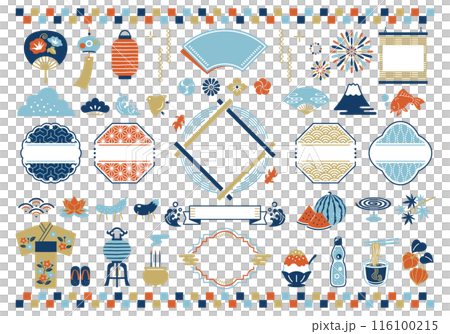 日本の夏と和風フレームのイラストセット 116100215