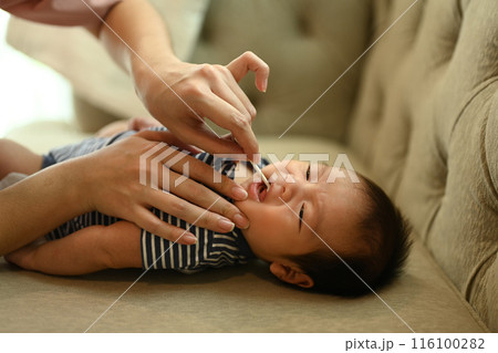 Mother using medical long cotton swab gauze to cleaning baby tongue. Child care and motherhood concept Mother using medical long cotton swab gauze to cleaning baby tongue. Child care and motherhood concept 116100282