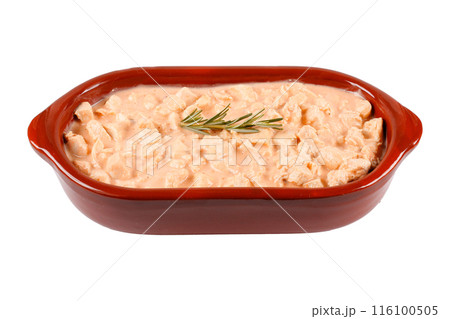 homemade chicken stroganoff in ceramic bowl isolated on white background homemade chicken stroganoff in ceramic bowl isolated on white background 116100505