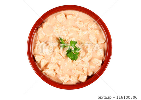 homemade chicken stroganoff in ceramic bowl isolated on white background 116100506