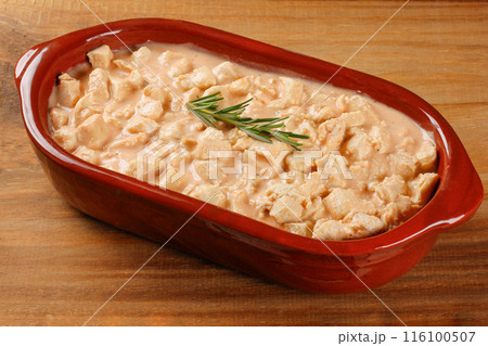 homemade chicken stroganoff in ceramic bowl on rustic wooden table 116100507