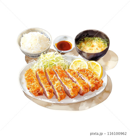 白背景にとんかつ定食の水彩イラスト 116100962