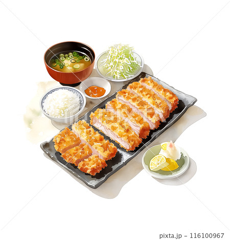 白背景にとんかつ定食の水彩イラスト 116100967