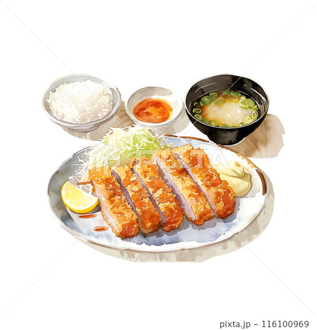 白背景にとんかつ定食の水彩イラスト 116100969