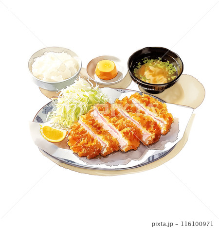 白背景にとんかつ定食の水彩イラスト 116100971