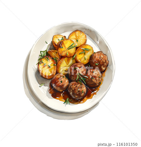 白背景にミートボールとポテトの水彩イラスト 116101350
