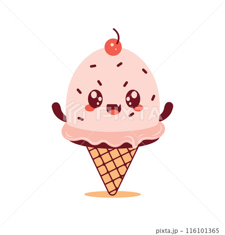 Vector Design of Cute Pink Cherry Cone Ice Cream Cartoon Character with Happy Expression 116101365
