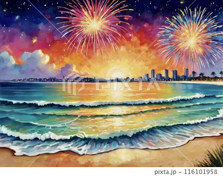 夕暮れのビーチと打ち上げ花火 116101958