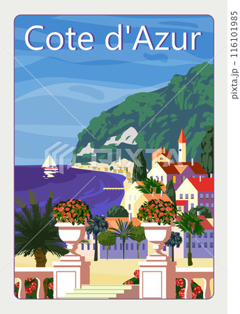 Cote de l azur French Riviera coast poster vintage. Resort, coast, sea, beach. Retro style illustration vector 116101985