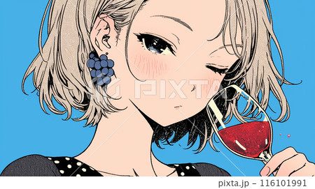 ウィンクしながら赤ワインを飲む若い女性 ウィンクしながら赤ワインを飲む若い女性 116101991