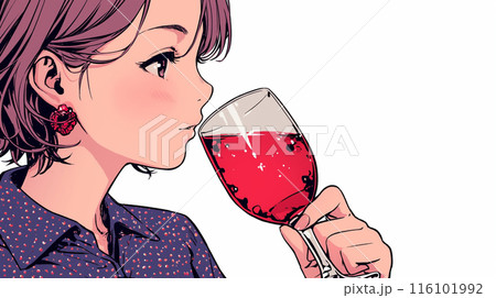 カジュアルな装いで赤ワインを飲む若い女性：コピースペースのある絵