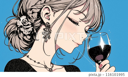 赤ワインをテイスティングしている若い女性