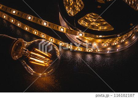 Different types of leds, strip LED light  and led bulb. 116102107