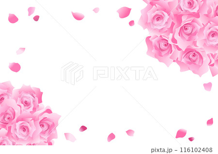 華やかなピンクのバラと花びらのフレーム飾り 116102408