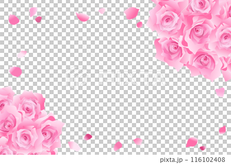華やかなピンクのバラと花びらのフレーム飾り 116102408