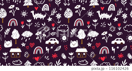 Cute kid child element vector seamless pattern. Hand drawn doodle sketch children cute vector school chalk background. Kids doodle crayon style line flower, cloud doodle pattern. Vector 116102426