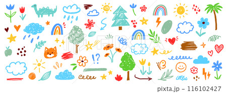 Cute kid flower, cloud, summer illustration. Hand drawn doodle sketch children cute vector school chalk background. Kids doodle crayon style line flower, cloud doodle pattern. Vector Cute kid flower, cloud, summer illustration. Hand drawn doodle sketch children cute vector school chalk background. Kids doodle crayon style line flower, cloud doodle pattern. Vector 116102427