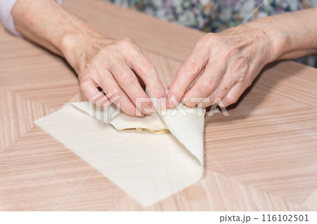 春巻きを作るシニア女性 116102501