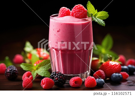A refreshing raspberry and blackberry smoothie garnished with mint, a drink ideal for summer days and health 116102571