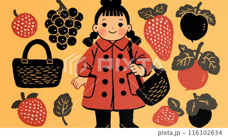 おいしい果実（いちご、柿、葡萄、プラム、スモモ）を子供が紹介する背景画像