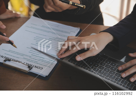 Mediation client meeting lawyer consulting government help, Businessman and Male lawyer or judge consult having team meeting with client, Law and Legal services concept. 116102992