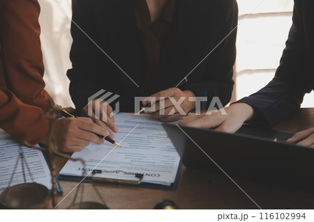 Mediation client meeting lawyer consulting government help, Businessman and Male lawyer or judge consult having team meeting with client, Law and Legal services concept. 116102994