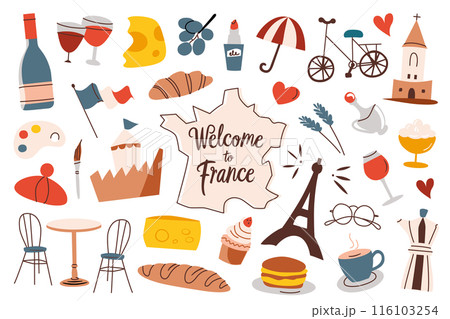 France symbols collection, welcome to france lettering, country map, Eiffel tower, croissant, cafe icons, vector illustrations of french flag and paris landmarks, travel in Europe simple cute doodles France symbols collection, welcome to france lettering, country map, Eiffel tower, croissant, cafe icons, vector illustrations of french flag and paris landmarks, travel in Europe simple cute doodles 116103254
