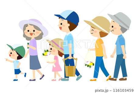 墓参りに行く笑顔の三世帯家族 116103459