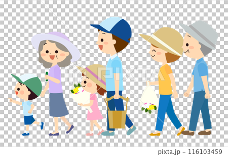 墓参りに行く笑顔の三世帯家族 116103459